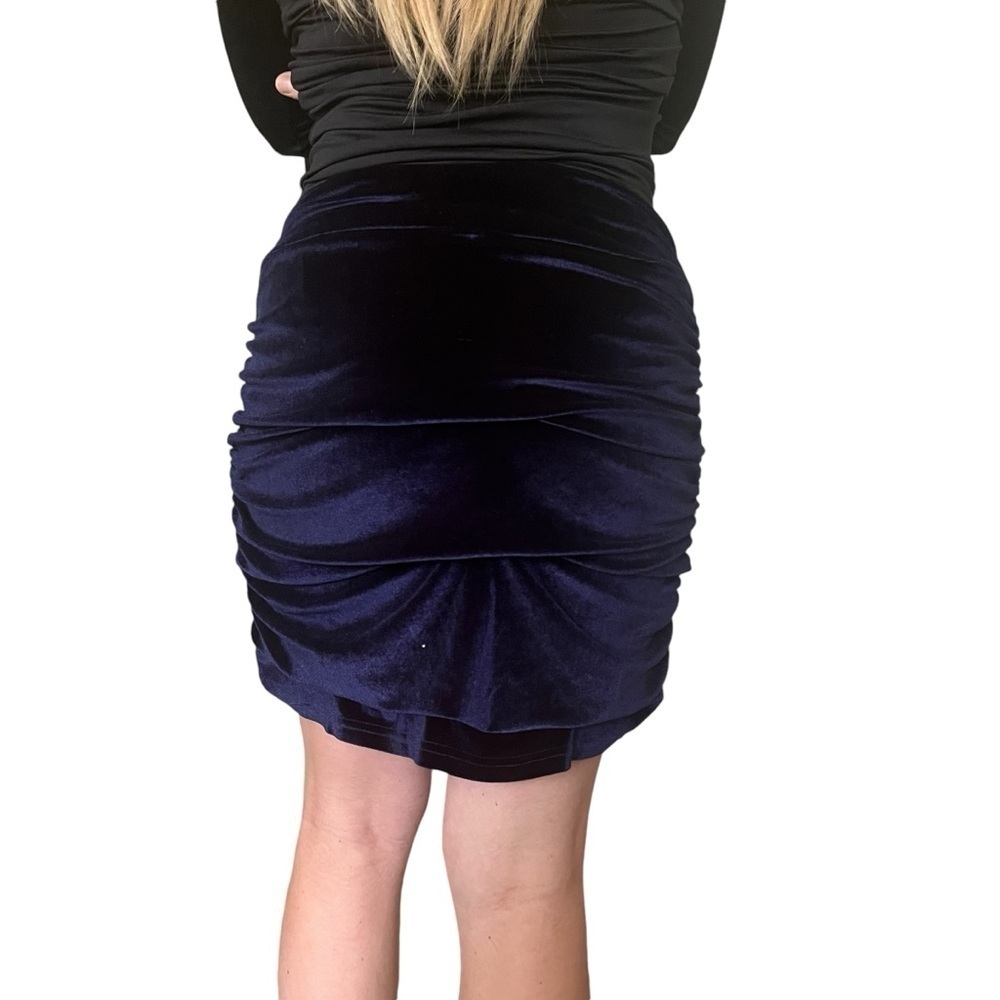 Lulus mini ruched navy blue skirt velvet zipper lined Women L - Picture 4 of 13